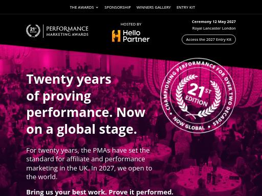 Screenshot of performancemarketingawards.co.uk – Swiss SEO check by SEO Switzerland, score 91/100